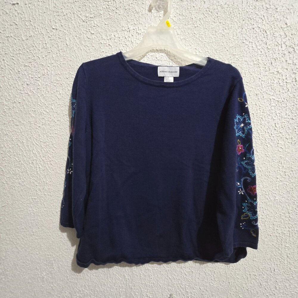 Alfred Dunner Womens Navy Embroidered Sleeve Top L 60% Cotton 40% Acrylic